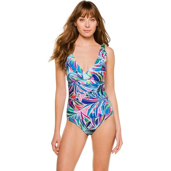 La Blanca Swim‎ Palm Opulence Ruffle Surplice One Piece Swimsuit M